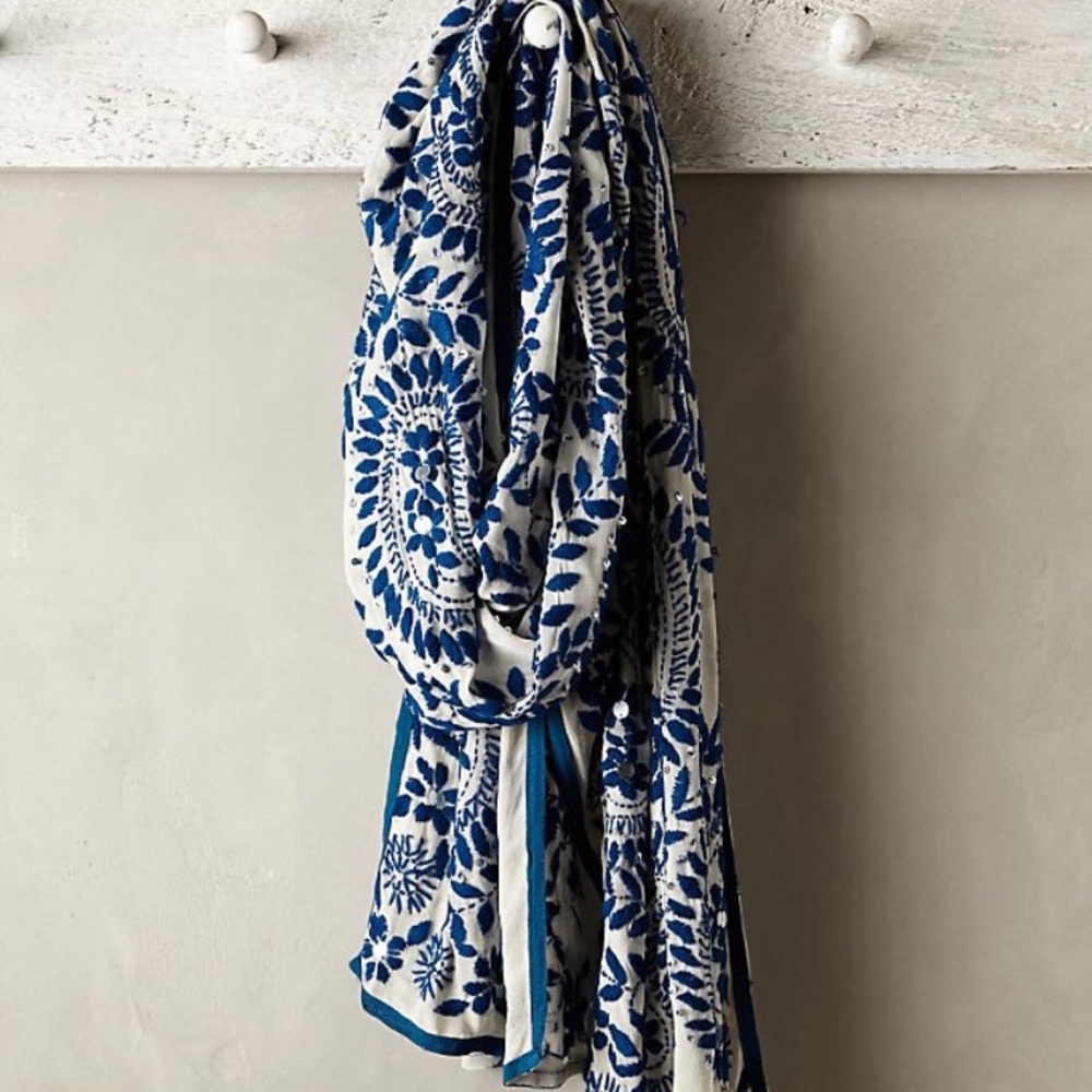 Anthropologie blue embroidered scarf